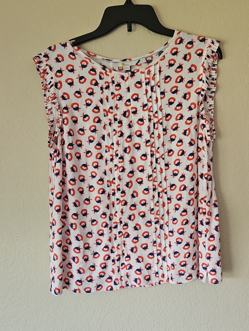 Boden White Sleeveless Pleated Camisole with Red & Navy Print Size 8
